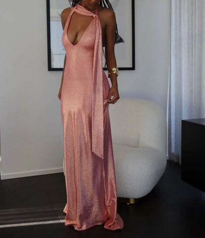 Sexy Deep V Halter Backless Evening Dress,Pink Satin Prom Dress Y8735