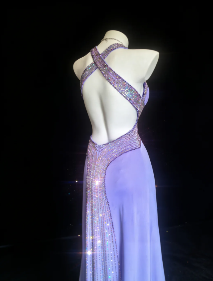 Classy Purple Halter Satin Sequin Beaded Mermaid Evening Dress Backless Long Party Gown SP1597