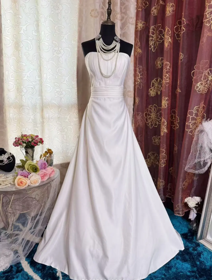 Elegant Strapless Satin Mermaid White Long Wedding Dress Bridal Dress SP1953