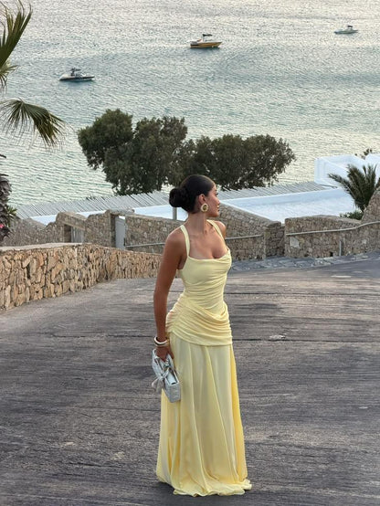 Elegant Yellow Chiffon Pleated Mermaid Long Party Dress Prom Gown SP4026