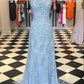 Mermaid Spaghetti Strap Floor Length Tulle Backless Applique Prom Dress Y6752