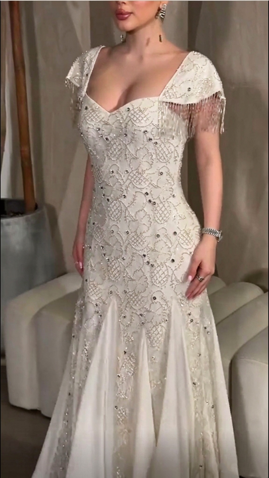 Sexy Off White Chiffon Beaded Mermaid Party Dress Long Birthday Dress SP4283