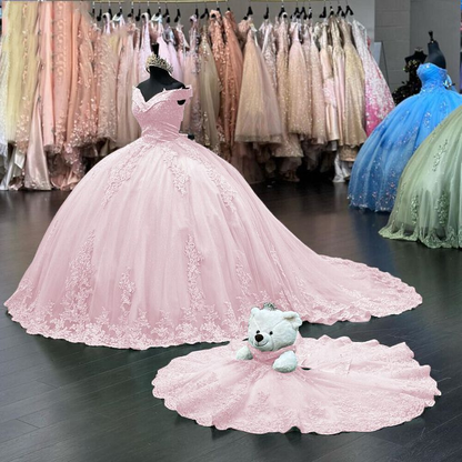 Off Shoulder Pink Sweet 16 Quinceanera Dresses Lace Birthday Ball Gown Y7245