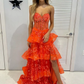 Chic Orange Strapless A-Line Lace Layered Appliques Prom Dress Slit Evening Dress  Y7885