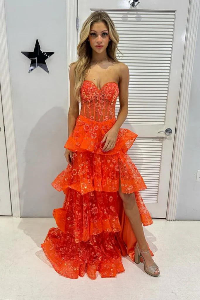 Chic Orange Strapless A-Line Lace Layered Appliques Prom Dress Slit Evening Dress  Y7885
