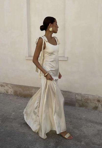 Elegant Spaghetti Straps Satin Long Wedding Guest Dress,Cream Ivory Long Birthday Party Dress SP4016