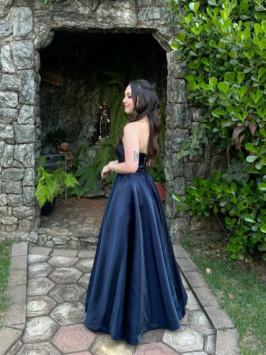Classy Navy Blue Satin Long Party Dress Strapless Birthday Prom Dresses SP4233
