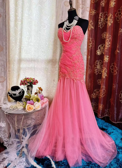 Pretty Pink Strapless Tulle Appliques Beaded Mermaid Long Party Dress Formal Wedding Guest Dress SP1954