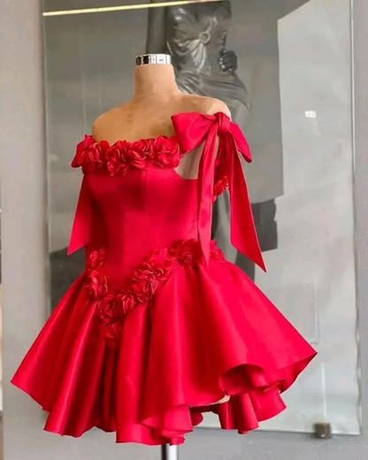 Fashion Bow Straps Satin A Line Mini Cocktail Dress,Red Short Homecoming Dress With 3D Florals SP3197