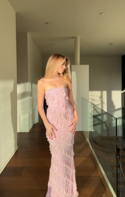 Glamorous Strapless Pink Sequin Ruffle Long Party Dress Wedding Guest Dress SP358