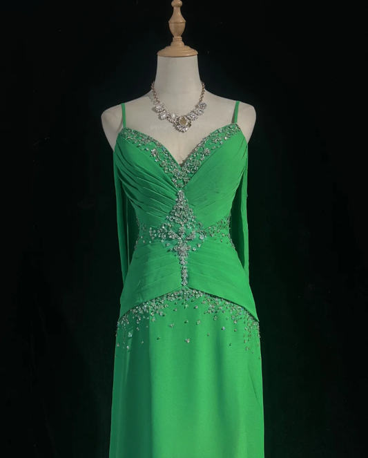 Stylish Green Satin Pleated Beaded Mermaid Long wedding Guest Dress Formal Evening Dress SP1387