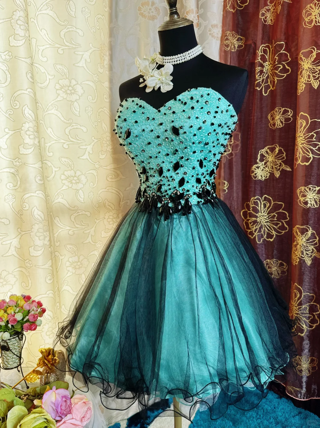 Vintage Viridian Tulle Satin Beaded Mini Cocktail Dress Strapless A Line Short 8th Grade Homecoming Dress SP2383