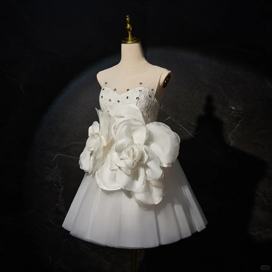 Sweet White Tulle Flowers A Line Formal Birthday Outfits Short Homecoming Dress Y9533