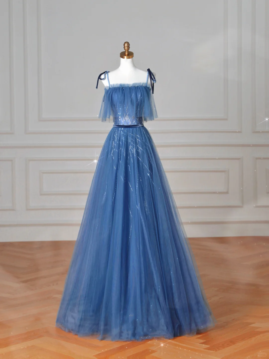 Pretty Blue Spaghetti Straps Tulle Sequins A Line Prom Dress Evening Dress Y8634