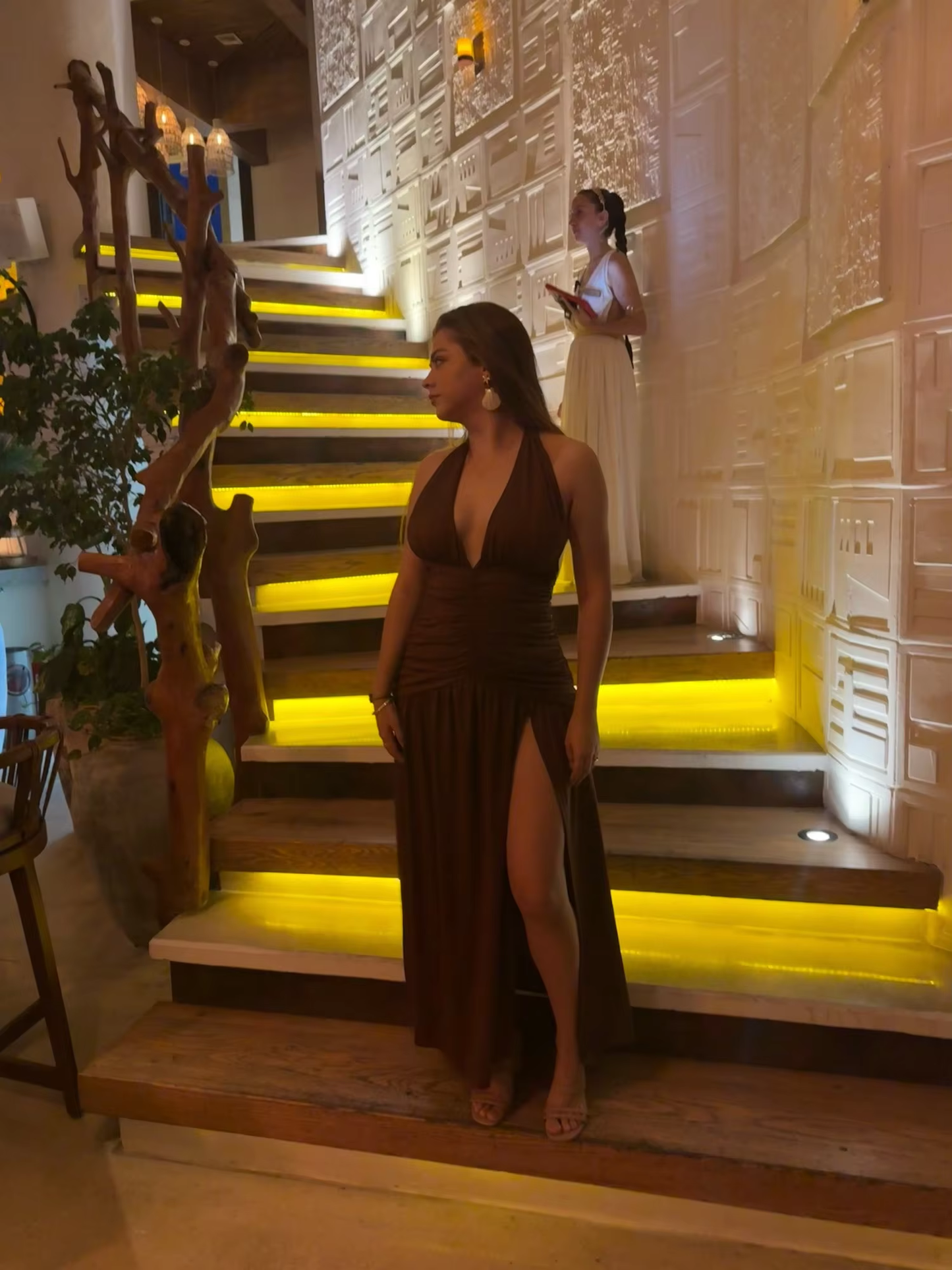 Sexy Halter Backless Brown A Line Slit Prom Dress ,Deep V Evening Dress Y8481