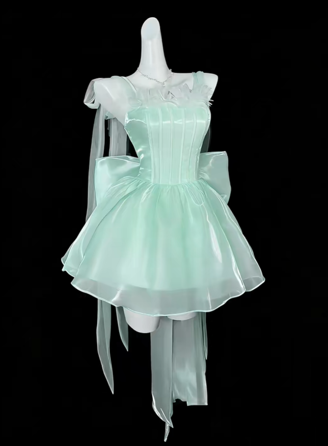 Classy Spaghetti Straps Tulle A Line Short Prom Dress,Mint Green Short Graduation Homecoming Dress With Bow SP3508