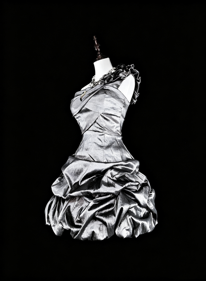 Chic One Shoulder Silver Satin Pleated A Line Short Homecoming Dress Cocktail Dress SP3389