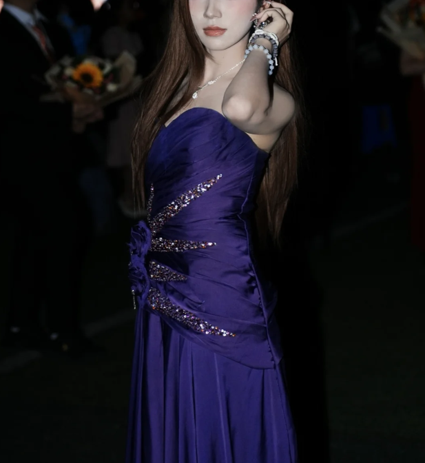 Elegant Strapless Purple Satin Pleated Beaded Mermaid Long Party Dress 19th Birthday Outfits SP1955