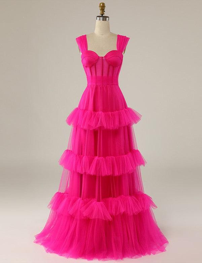 Hot Pink Sweetheart Multi Layers Tulle Prom Dresses Formal Dresses Y1829
