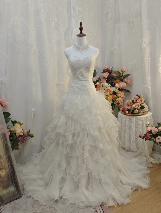 Pretty Strapless White Tulle Ruffles Long Wedding Dress Formal Bridal Dress SP2161