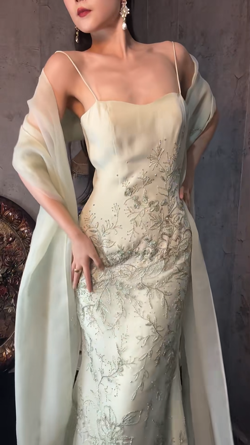 Classy Light Green Spaghetti Straps Tulle Beaded Mermaid Prom Dress Long Birthday Party Dress With Scarf SP1252