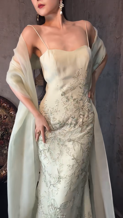 Classy Light Green Spaghetti Straps Tulle Beaded Mermaid Prom Dress Long Birthday Party Dress With Scarf SP1252