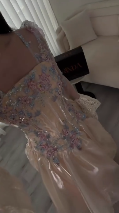 Charming Tulle Sequin Floral A Line Long Party Dress Light Champagne Birthday Dress Prom Gown SP2271