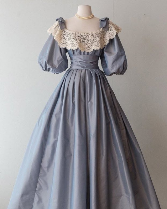 Vintage Lace Satin A Line Prom Dress,Blue Puff Sleeves Long Evening Dress Y8515