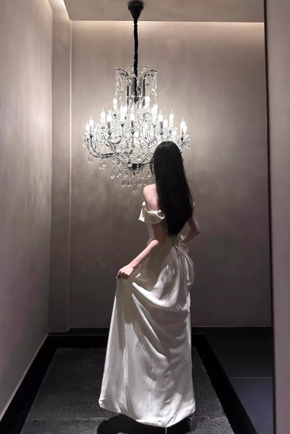 Glamorous Off The Shoulder White Satin Long Evening Dress Birthday Dress SP2024