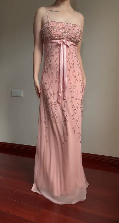 Classy Spaghetti Strap Pink Chiffon Beaded Long Prom Dress Formal Evening Dress SP944
