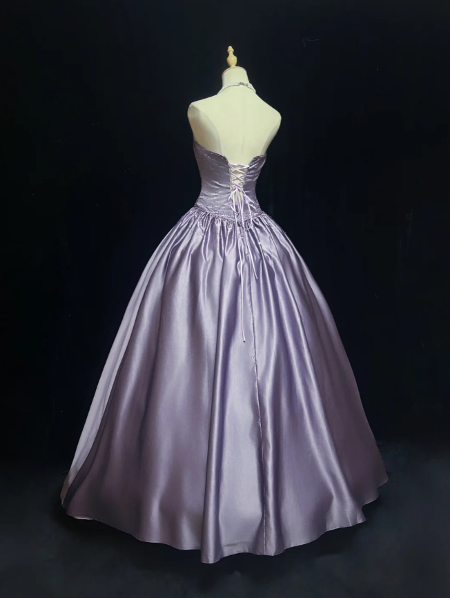 Elegant Strapless Ball Gown Lilac Satin Beaded Long Birthday Evening Dress SP1788