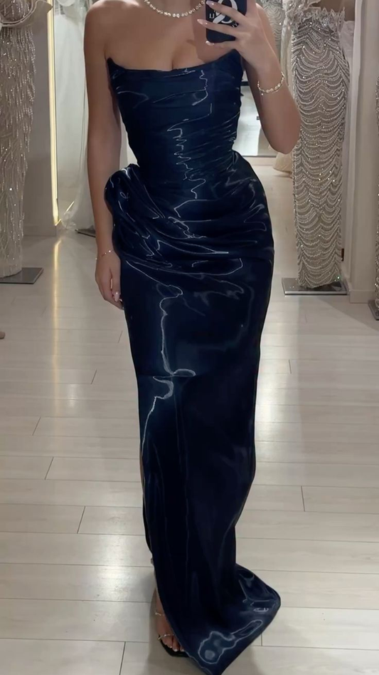 Fashion Strapless Navy Blue Satin Pleated Mermaid Long Party Dress Prom Dress SP4191
