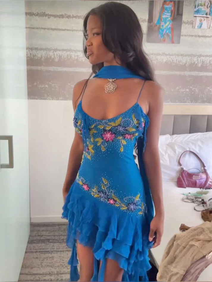 Classy Blue Spaghetti Straps Chiffon Beaded Short Homecoming Dress Cocktail Dress Y9573