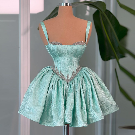 Sexy Green Satin Print Beaded A Line A Line Short Birthday Party Dress Graduation Homecoming Dress Y9136