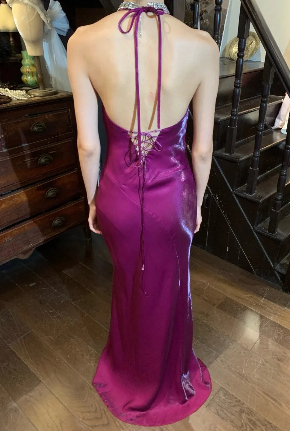 Classy Halter Plum Satin Mermaid Long Evening Dress Birthday Prom Dress SP3919