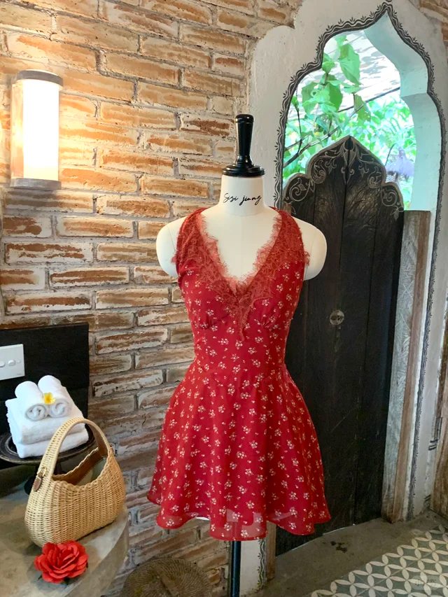 Sexy Halter Lace V Neck Chiffon Floral A Line Mini Cocktail Dress Vacation Dress SP2367