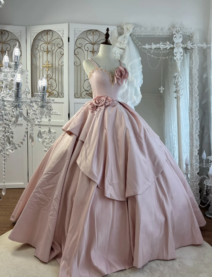 Princess Spaghetti Straps Satin Beaded Ball Gown Pink Sweet 16 Quinceanera Dress With 3D Flowers SP1777