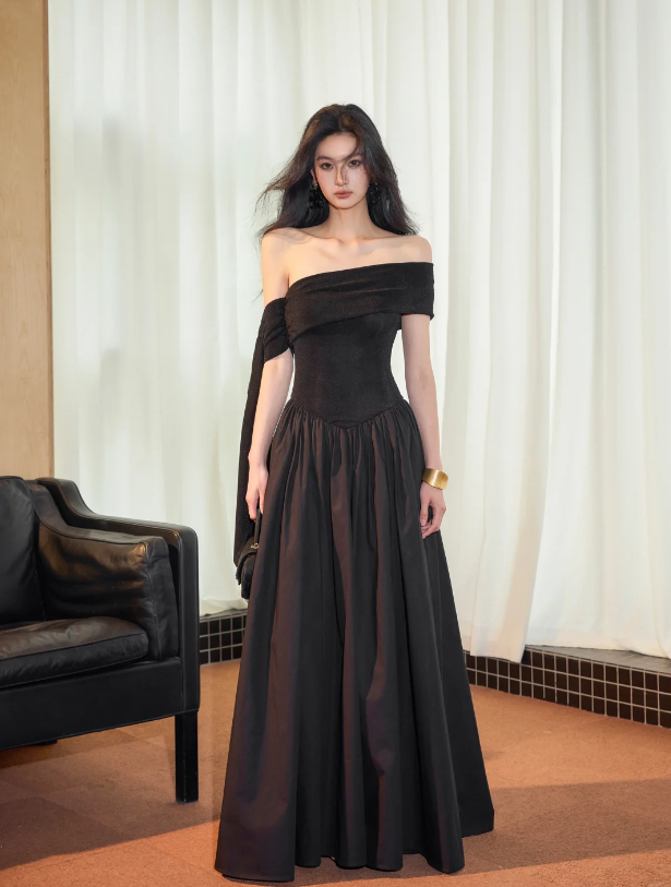 Chic Off The Shoulder Black Satin A Line Long Evening Dress Formal Wedding Guest Dress SP2087