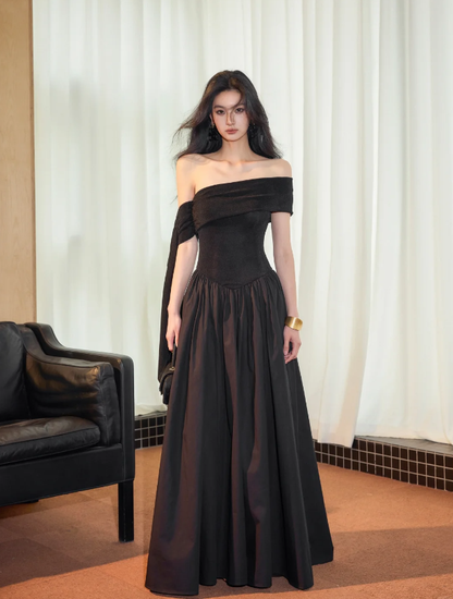Chic Off The Shoulder Black Satin A Line Long Evening Dress Formal Wedding Guest Dress SP2087