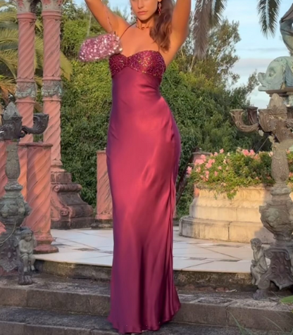 Sexy Halter Burgundy Sequin Satin Mermaid Long Party Dress Formal Wedding Guest Dress SP1425