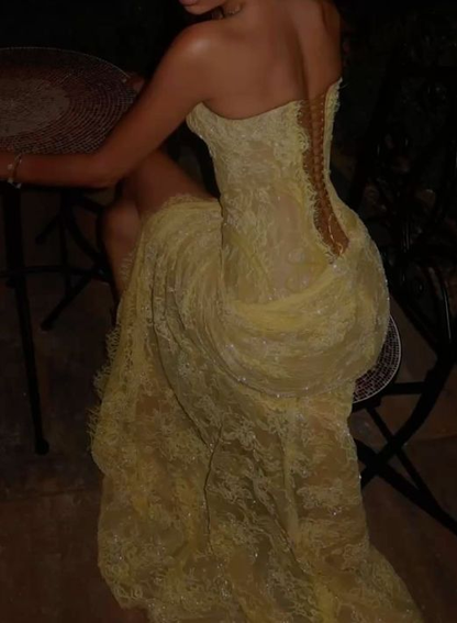 Charming Strapless Lace Sequin High Slit Yellow Mermaid Prom Dress Long Evening Gown SP465
