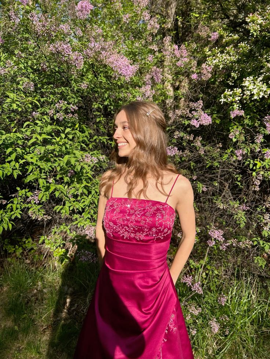 Pretty Spaghetti Strap Hot Pink Satin Beaded Long Evening Dress Formal Wedding Guest Dress SP2130