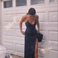 Navy Blue Sequins Spaghetti Straps V-neck Long Evening Prom Dresses Y4477