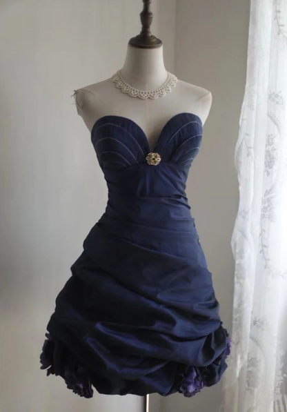 Vintage Sweetheart Neck Navy Blue Short Graduation Homecoming Dress Cocktail Dress Y9638