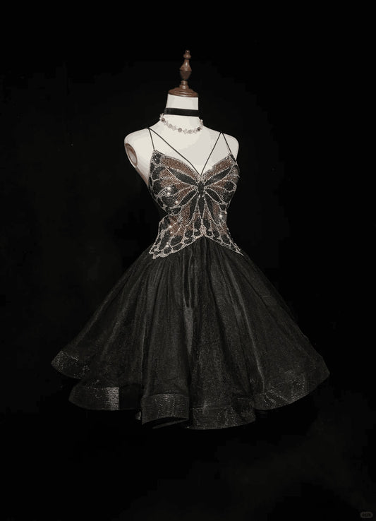 Sexy Black Tulle Beaded A Line Short 7th Grade Homecoming Dress,Spaghetti Straps Mini Prom Dress SP2922