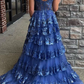 Modern A Line Off the Shoulder Blue Tulle Long Prom Dress With Sequin Lace Y6612