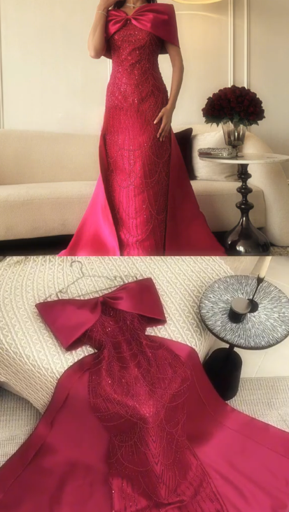 Gorgeous Hot Pink Bow Off The Shoulder Satin Sequin Beaded Long Evening Dress Prom Dresses SP732