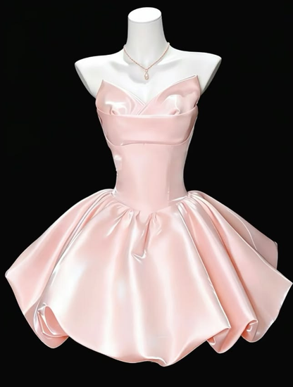 Sweet Pink Strapless Satin A Line Short Birthday Outfits Homecoming Dress SP3376