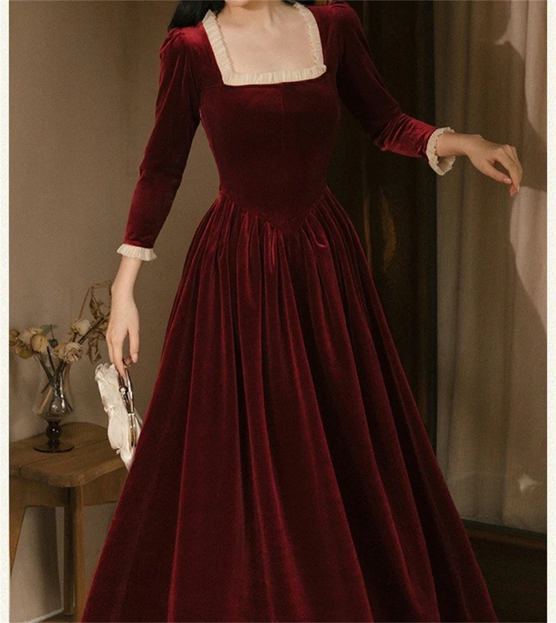 Square Neck Velvet Dress,French Vintage Red Dress,Autumn Winter Long S Simplepromdress Square Neck Velvet Dress,French Vintage Red Dress,Autumn Winter Long S Simplepromdress