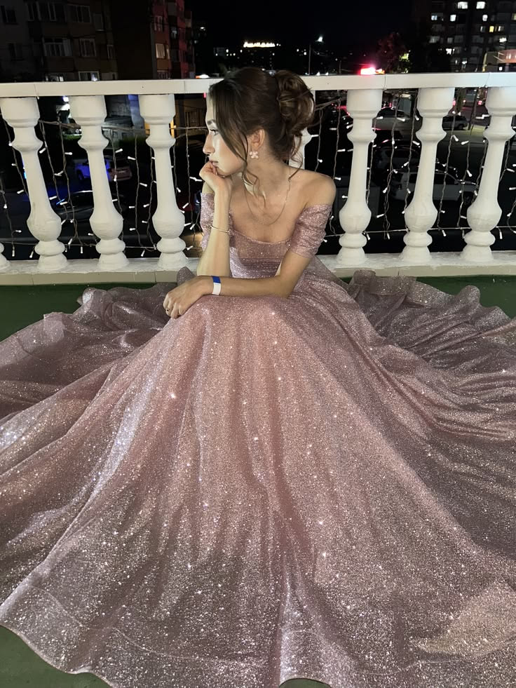 Classy Off The Shoulder Pink Tulle Sequin A Line Long Party Dress Birthday Prom Dress SP4304